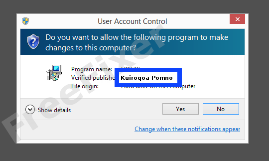 Screenshot where Kuiroqoa Pomno appears as the verified publisher in the UAC dialog